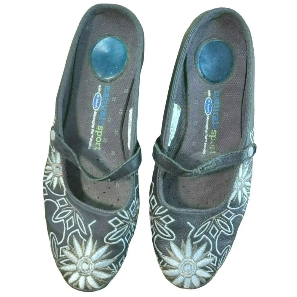 Dr Scholl's Natural Sport 8M Massaging Gel Insole Leather Mule Floral Embroidery